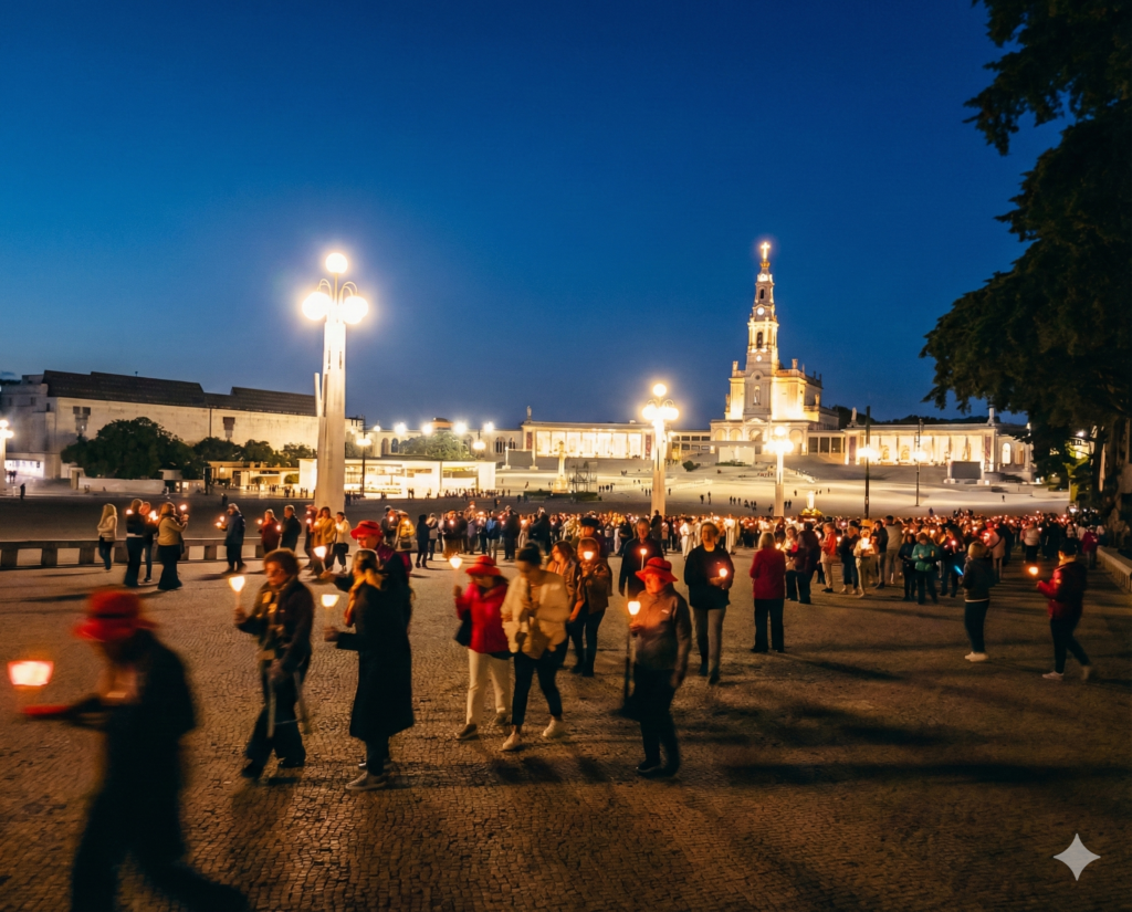 Egy esti gyertyás felvonulás Fatimában, háttérben a régi bazilikával, az előtérben néhány emberrel