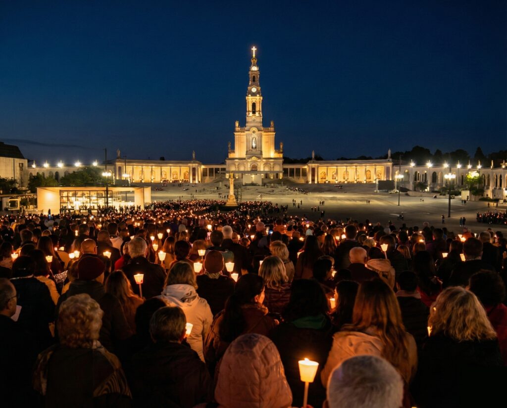 Tömeg este Fatimában gyertyákkal a kezükben